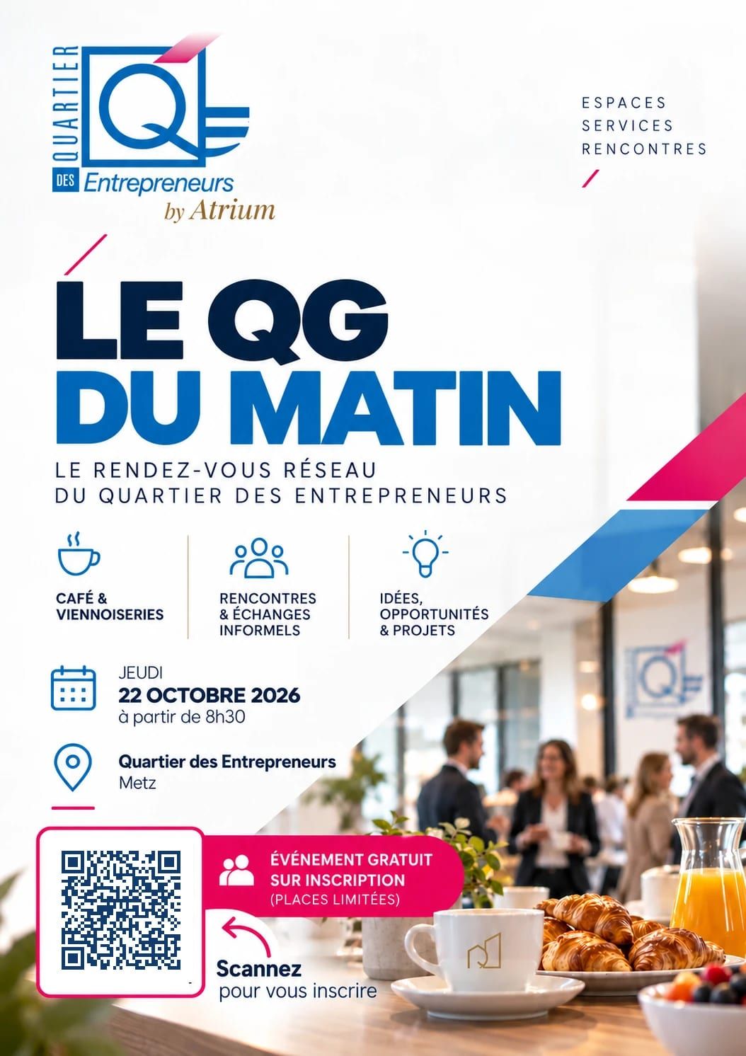 Affiche du QG du Matin, petit-déjeuner réseau du Quartier des Entrepreneurs à Metz